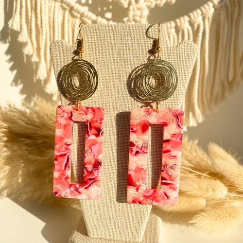 Boucles d’oreilles longues femme en acier inoxydable doré et acétate marbré rose