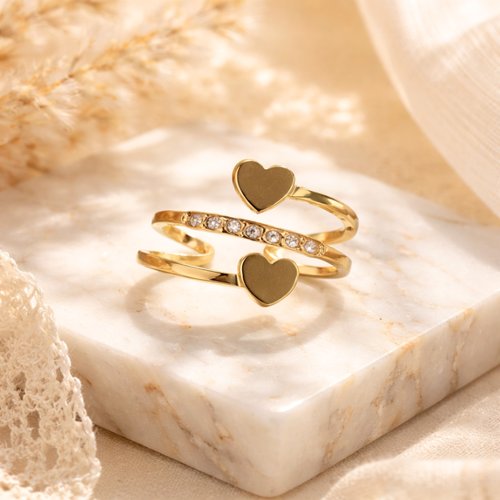 Bague dorée cœur ajustable en acier inoxydable avec strass