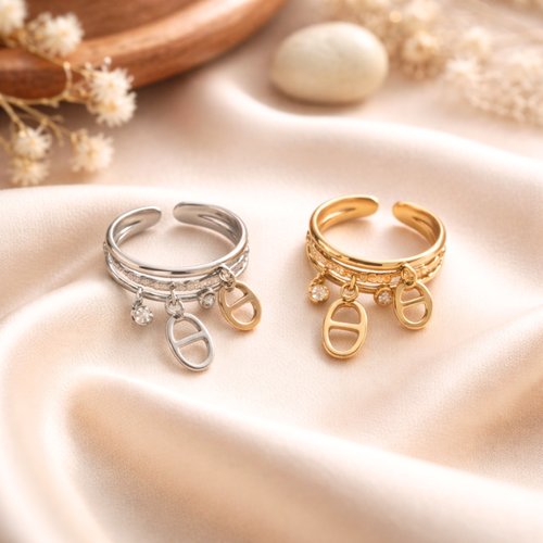 Bague ajustable acier inoxydable doré ou argenté, motif noeud marin, pampilles zircon, bague fine moderne inspiration nautique