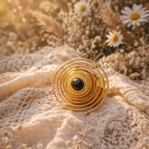 Bague dorée acier inoxydable spirale bohème avec pierre noire – bague ajustable femme style solaire