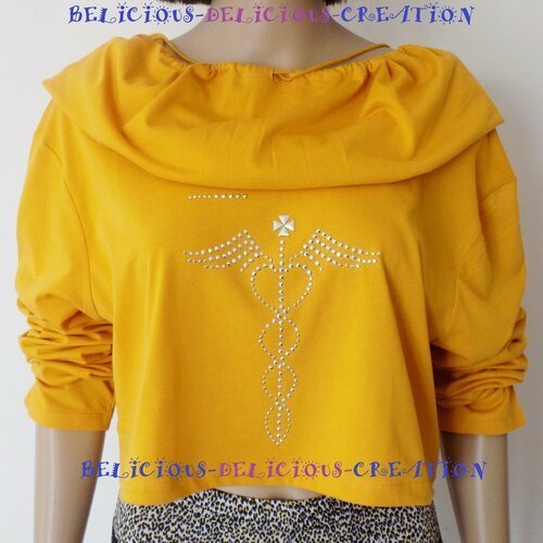 Originale crop top femme  !! angel wings !! en coton jaune avec motif ails d'ange devant long 43cm belicious-delicious-creation