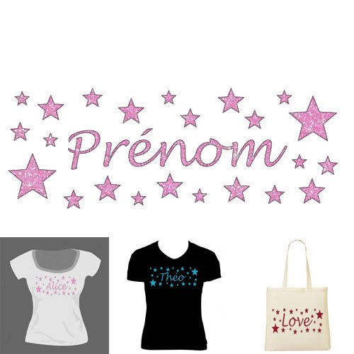Transfert thermocollant étoiles + prénom personnalisé pour textiles + cadeau surprise.