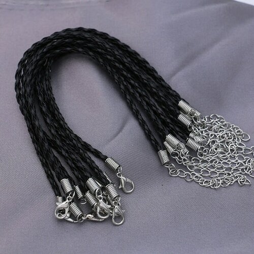 Bracelet cordon tressé en cuir noir 2mm  ajustable 18cm