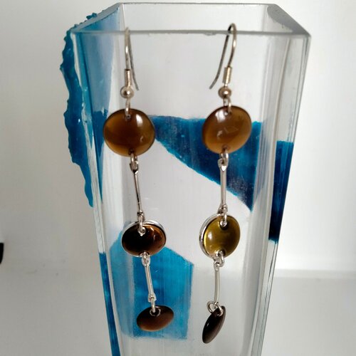 Boucles d'oreilles en argent 925 avec perles plates en résine couleur marron ou prune