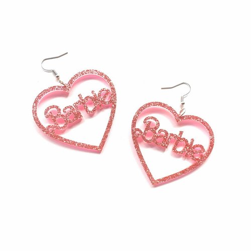 Boucles d'oreilles barbie roses en acrylique scintillant en forme d'amour, bijoux de lettre,