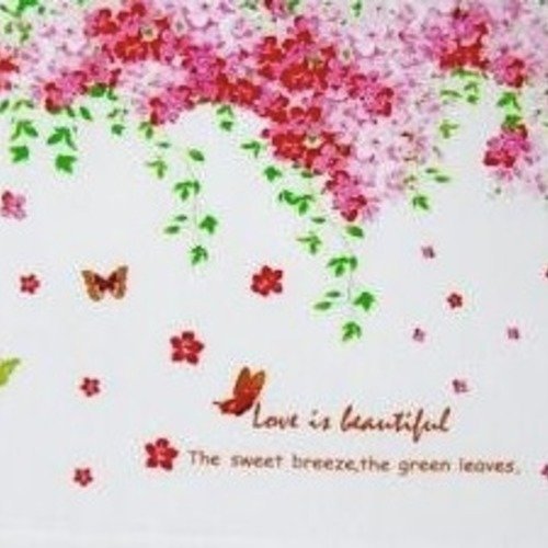 Sticker mural cascade de fleurs roses et papillons