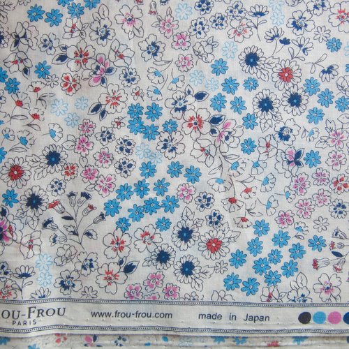 Coton imprimé fleurs roses bleues frou frou - 50cm