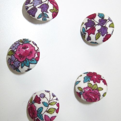 5 boutons recouverts de tissu frou-frou, petites fleurs rouges