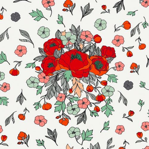 Coton imprimé de fleurs - bouquet rouge - 112x50cm (2 fat quarters)