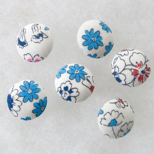 5 boutons recouverts de tissu frou-frou, fleurs bleues - 15mm