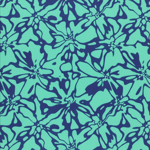 Double gaze coton imprimé fleurs et feuilles bleu