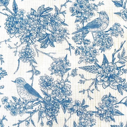 Tissu double gaze imprimé fleurs oiseaux bleu - 130x50cm