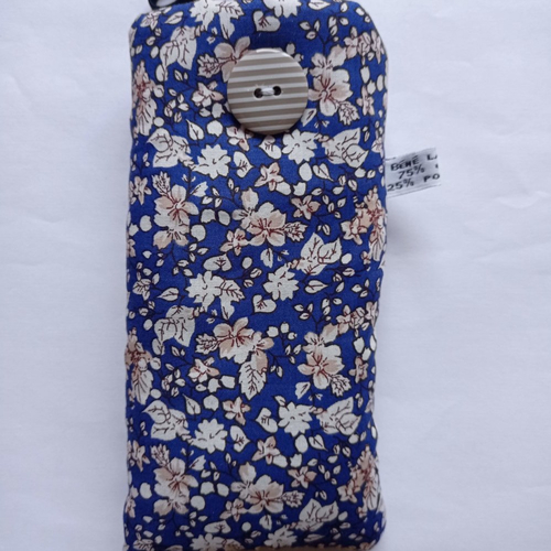 Pochette lunettes et portable en coton bleu roi avec des petites fleurs blanches et marrons