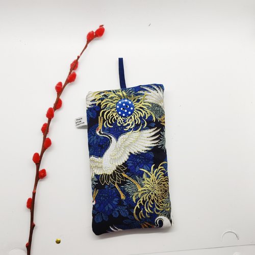 Etui grand portable en coton imprimé japonais avec des fleurs et des grues