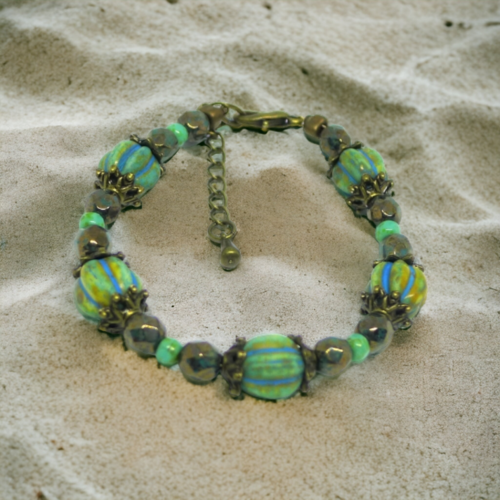 Bracelet perles en verre de bohême turquoise et bronze