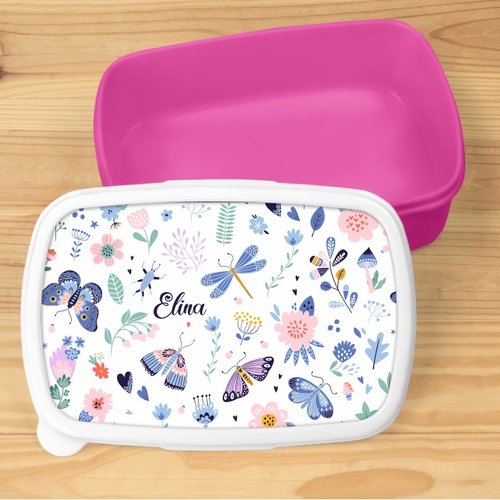 Boîte à goûter personnalisée - motifs papillons et insectes (couleur au choix)