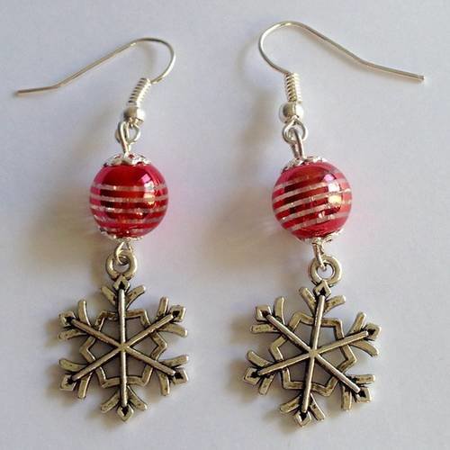 Boucles d'oreilles noel, perle rose, flocon de neige  