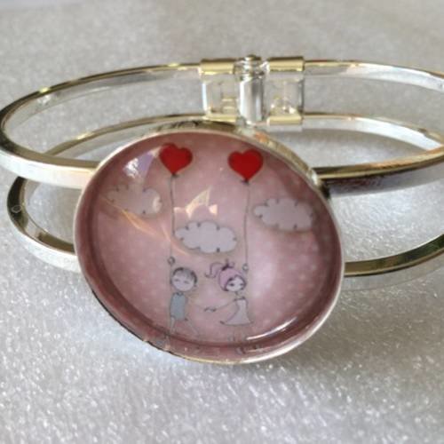 Bracelet "saint valentin " support argenté cabochon verre thème amoureux et ballons coeurs 