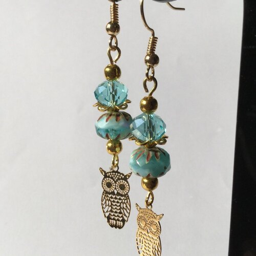 Boucles d'oreilles &quot;hibou&quot;, perles bleues et dorées, hibou doré