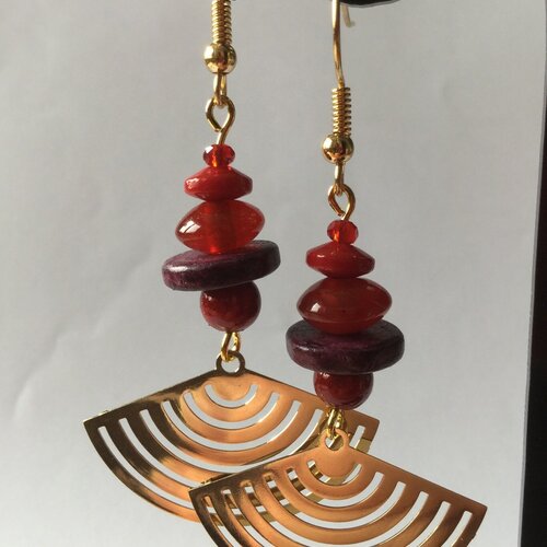 Boucles d'oreilles rouges et or, boucles éventails, boucles perles rouges