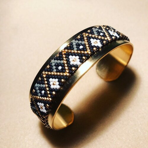 Bracelet jonc, perles tissées,  jonc doré, tissage miyuki