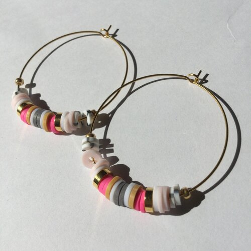 Créoles perles heishi, boucles d'oreilles dorées, perles heishi