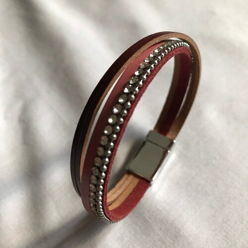 Bracelet cuir pour femme, bracelet manchette, bracelet cuir et strass