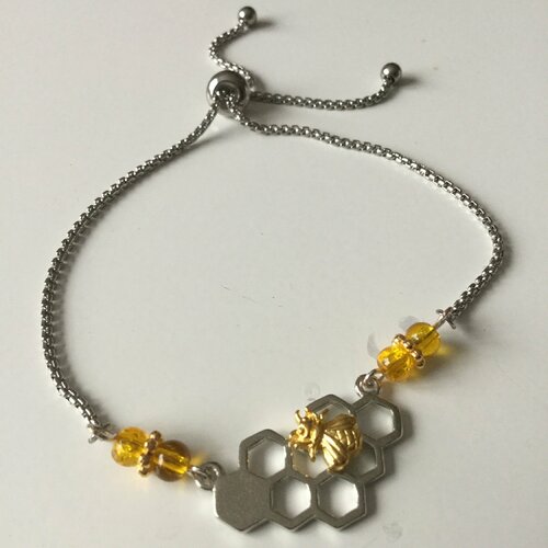 Bracelet fin, bracelet chaîne argentée, abeille, bracelet ajustable