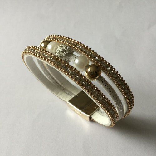 Bracelet blanc, bracelet manchette, strass et perles, fermoir aimanté