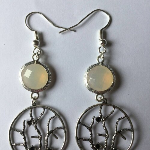 Boucles d'oreilles arbre de vie, perle beige