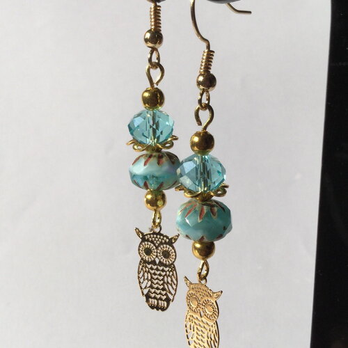 Boucles d'oreilles &quot;hibou&quot;, boucles avec perles bleues et dorées, boucles longues avec petite chouette