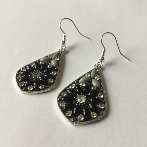 Boucles d'oreille vintage, boucles grises et noires, boucles à strass