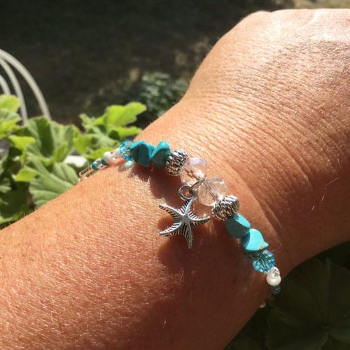 Bracelet turquoise, bracelet de perles, bracelet d'été, étoile de mer
