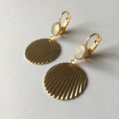 Boucles d'oreilles avec sequin doré, boucles rondes, pierre de gemme, labradorite 