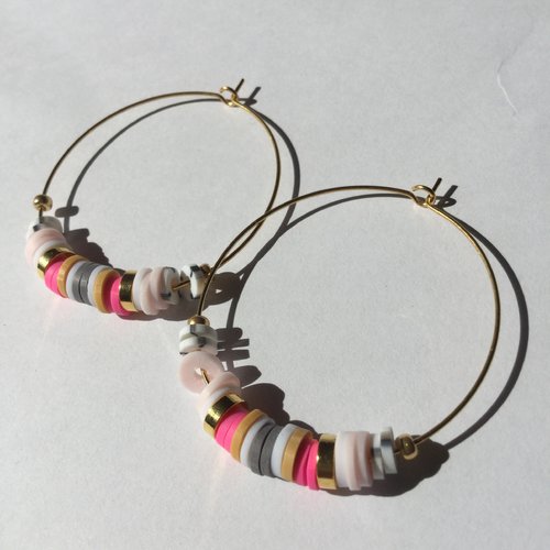 Créoles perles heishi, boucles d'oreilles dorées, perles heishi