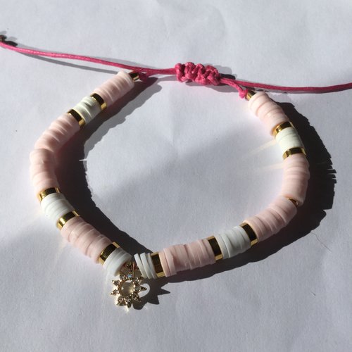 Bracelet en perles heishi, bracelet rose et blanc