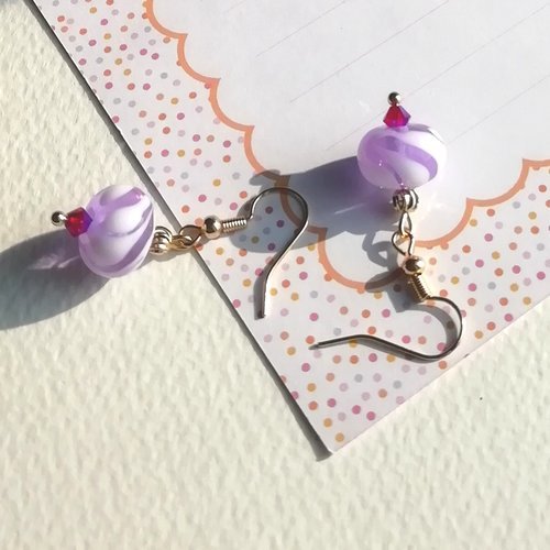 Boucles d'oreilles "volute pastel" verre murano mauve cristal fuchsia plaqué or 18 k