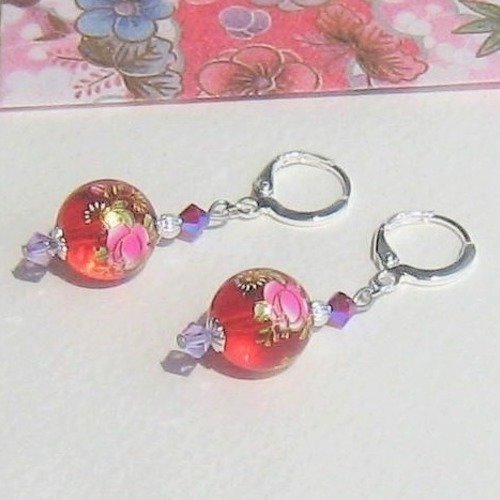 Boucles d'oreilles " japon rouge" perles style tensha rouge cristal swarovski argent 925