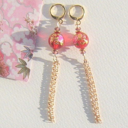 "aka" boucles d'oreilles rouges dorées japonisantes perles style tensha chaînettes dorées attaches plaqué or