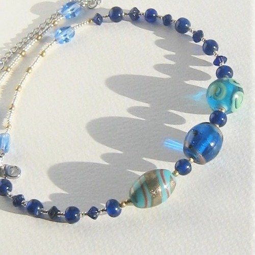 "saison bleue" collier bleu verre perles artisanales inde verre fermoir acier inox
