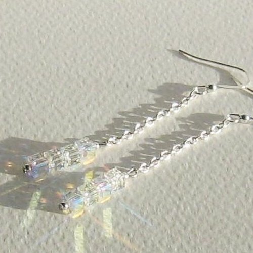 "cristalines" boucles d'oreilles cubes cristal swarovski chaînettes attaches en argent 925