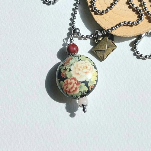 Emily - collier pendentif rose vert porcelaine fleurie pierres jaspe mokaïte quartz chaîne acier inoxydable sautoir