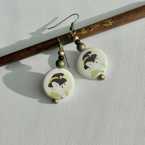 "midori" boucles d'oreilles vert crème japon geisha porcelaine métal bronze verre tchèque attaches acier inoxydable