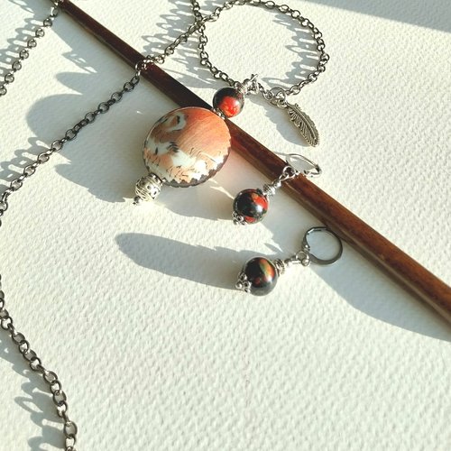 Parure " japon corail" pendentif boucles porcelaine céramique argent tibétain plume plaqué argent chaîne acier inox gun