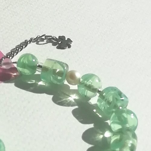 Primavera - parure bracelet réglable boucles d'oreilles verre italien vert rocailles argent attaches acier inoxydable