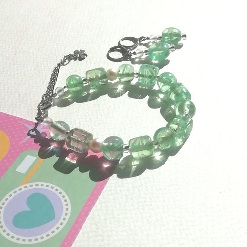 Parure "primavera" bracelet réglable boucles d'oreilles verre italien vert rocailles argent attaches acier inoxydable