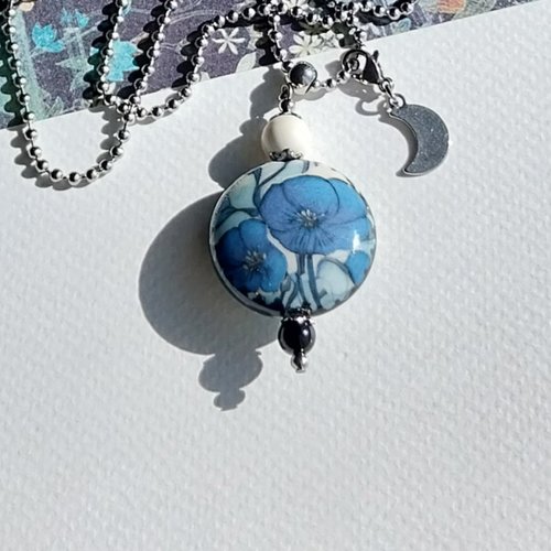 Le jardin sous la lune - collier bleu chaîne pendentif porcelaine motifs fleurs pierres naturelles onyx magnésite acier inoxydable