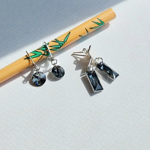 Boucles d'oreilles "cristaux raffinés" swarovski ronds ou rectangles noir gris argenté silver night attaches plaqué argent