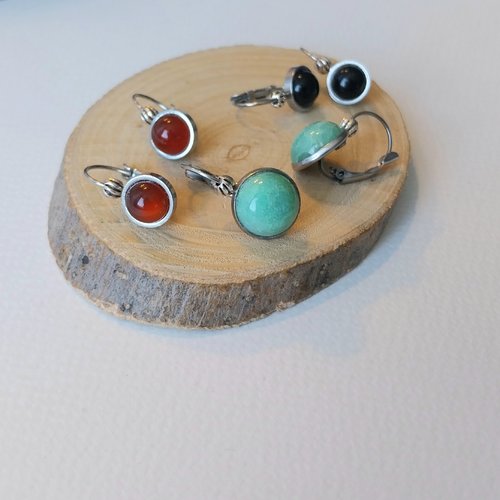 Boucles d'oreilles cabochons pierre naturelle au choix amazonite agate onyx attaches acier inoxydable