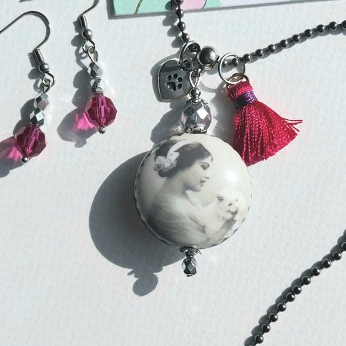 "chat mon ami" parure noir blanc fuchsia pendentif b o porcelaine verre tchèque cristal acier inoxydable pompon soie